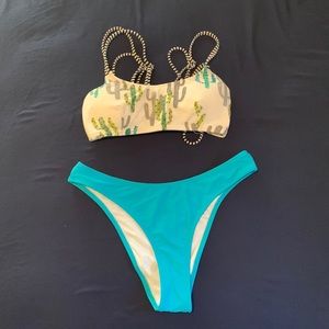 Cupshe Small Cactus Lover Strappy Bikini Top and Blue High Cut Bikini Bottom